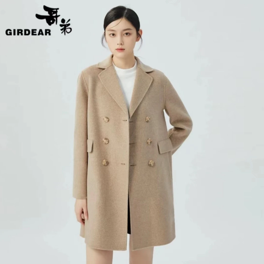 GIRDEAR/哥弟1400599新年双排扣宽松长袖羊毛双面呢外套女H版大衣
