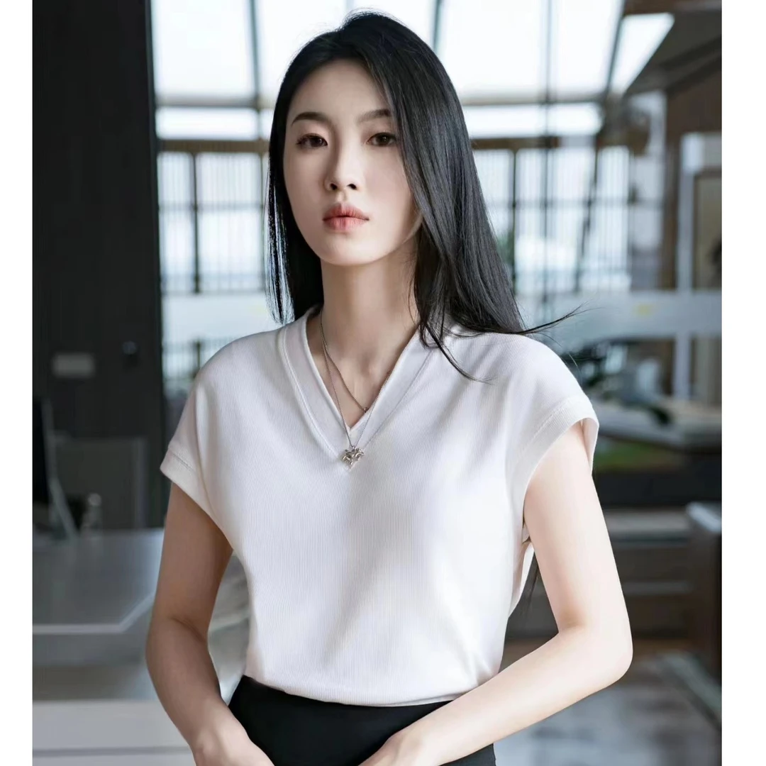 GIRDEAR/哥弟1300832 银边v领百搭纯色短袖夏季显瘦休闲宽松薄款