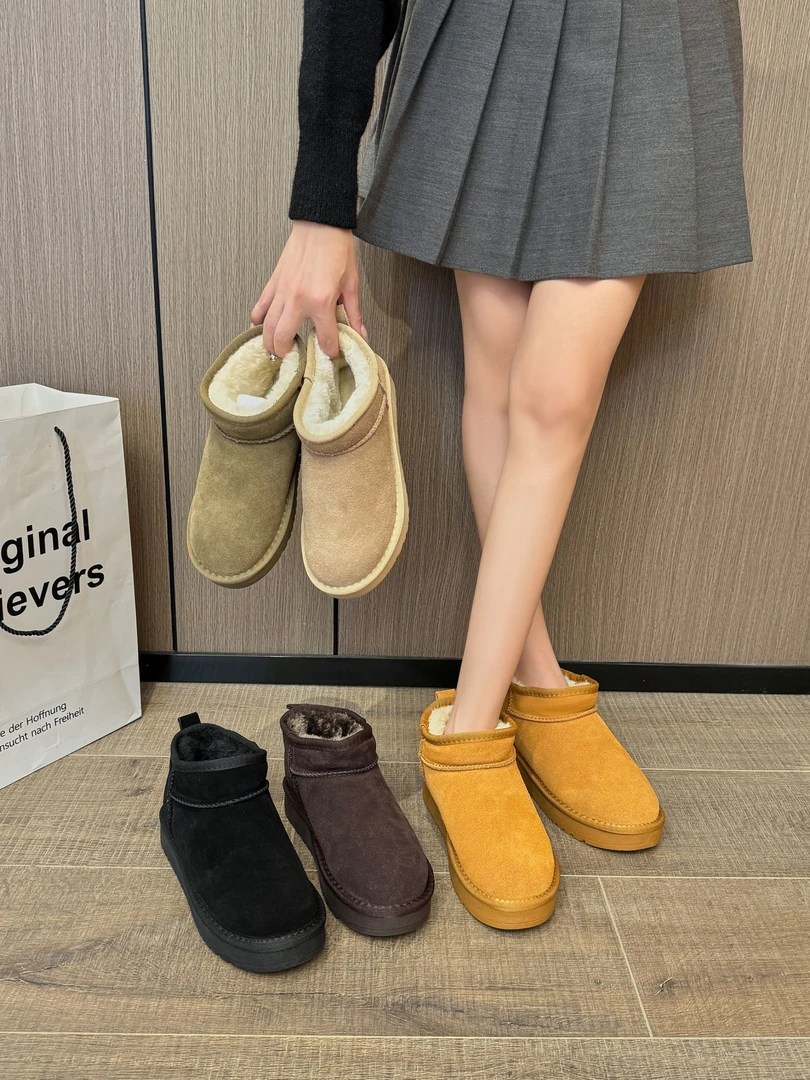 {皮毛一体}厚底雪地靴2024冬季新款女士短筒防滑增高保暖雪地靴