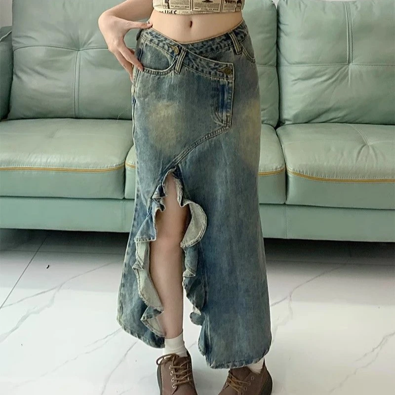 美式复古不对称鱼尾牛仔半身裙女夏季高腰修身显瘦开叉a字包臀裙