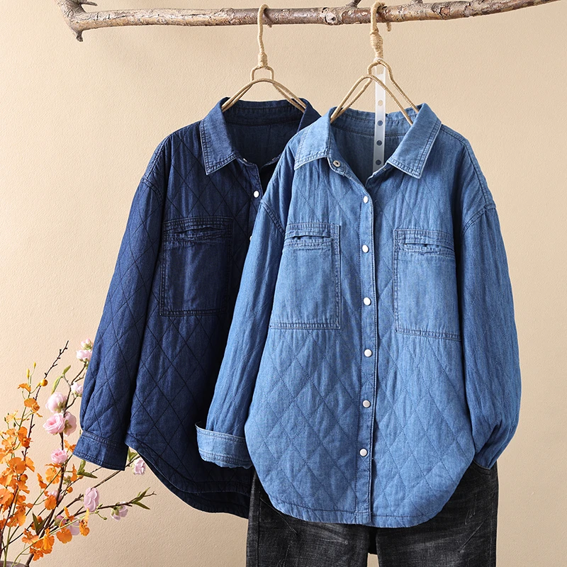 双面穿加厚夹棉牛仔衬衫女秋冬新款宽松显瘦保暖纯棉打底衬衣外套
