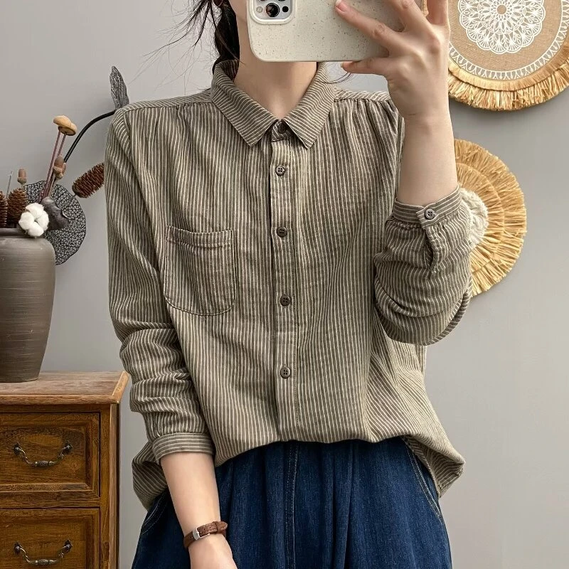 爆款双层棉纱条纹长袖衬衫女春秋新款宽松显瘦休闲纯棉衬衣上衣