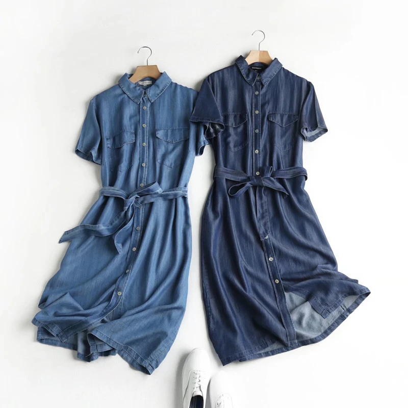 气质天丝牛仔连衣裙女夏季新款收腰显瘦高端短袖中长裙薄款长裙子