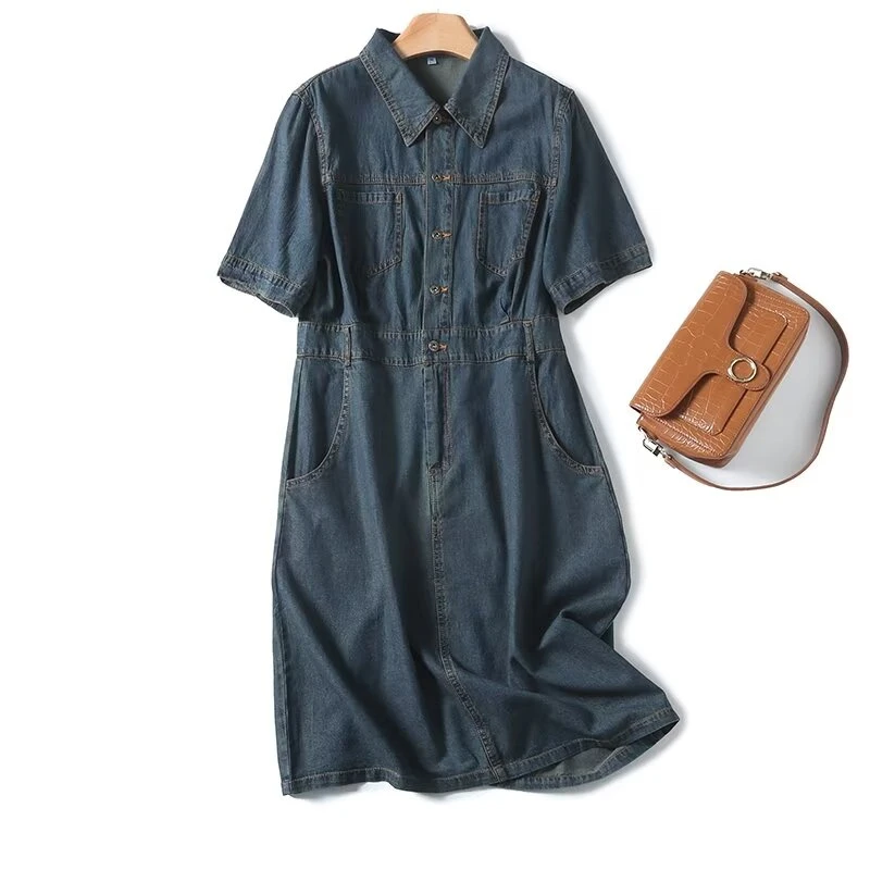 法式棉麻牛仔连衣裙女装夏季新款小个子气质收腰显瘦短袖中长裙子