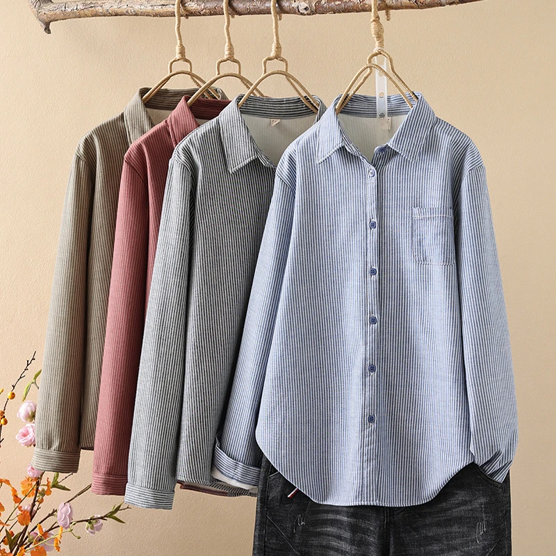 加厚加绒条纹衬衫女秋冬新款宽松显瘦保暖一体绒纯棉打底衬衣上衣