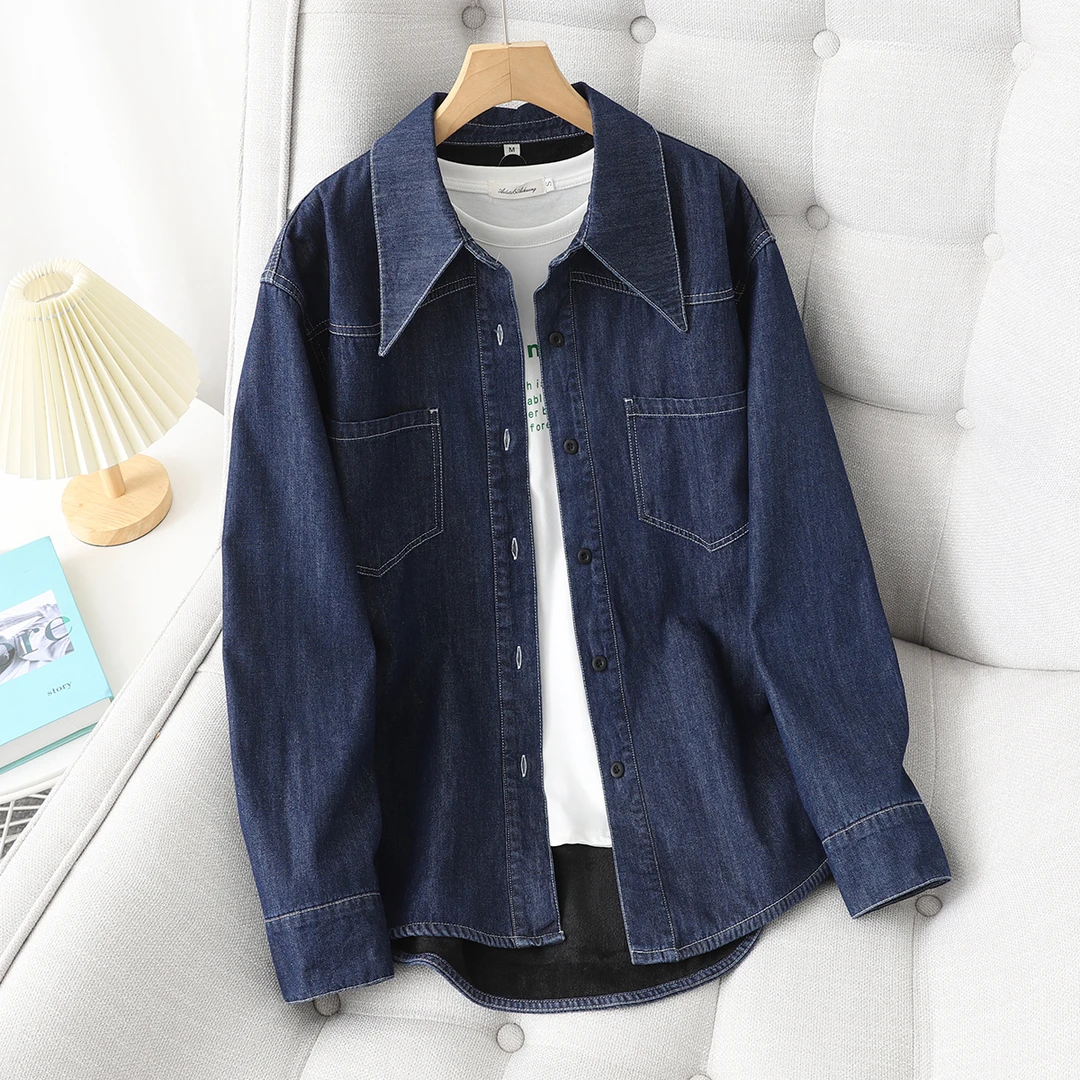 尖领加绒牛仔衬衫女秋冬新款复古长袖一体绒加厚保暖衬衣叠穿外套