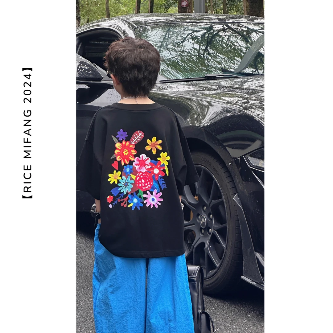 【暗夜花卉】夏季儿童百搭圆领小众宽松短袖 RICE MIFANG 100-170