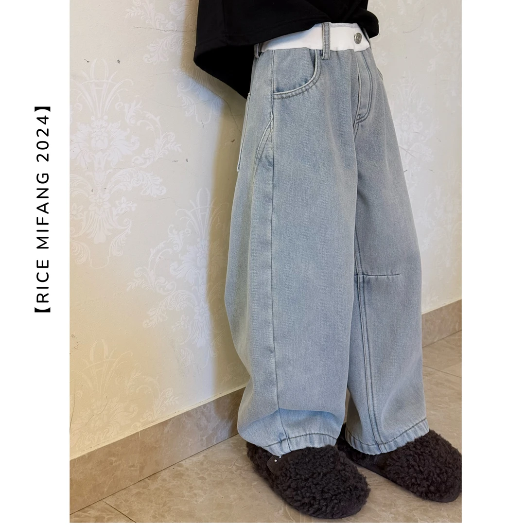 本命浅色牛仔裤 一体绒 儿童冬季腰松紧拼接牛仔裤  RICE MIFANG