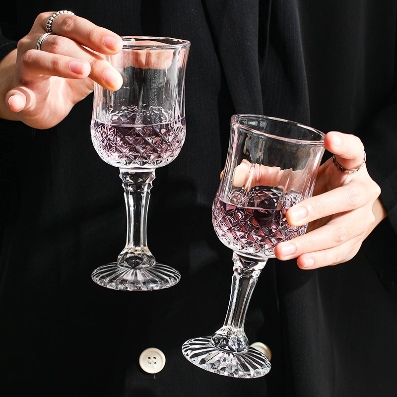 【6.9/2只】法式透明高脚杯香槟杯红酒欧式浮雕果汁饮料玻璃杯创意