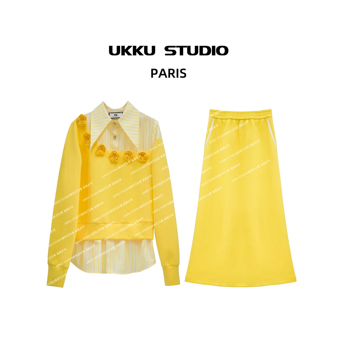 文文【UKKUSKUDIO】法式气质修身时尚黄色显白拼接半裙套装312873