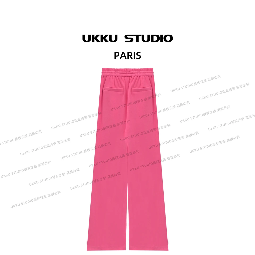 呦呦【UKKUSKUDIO】网红气质修身时尚玫红色显瘦塑形女神长裤513041