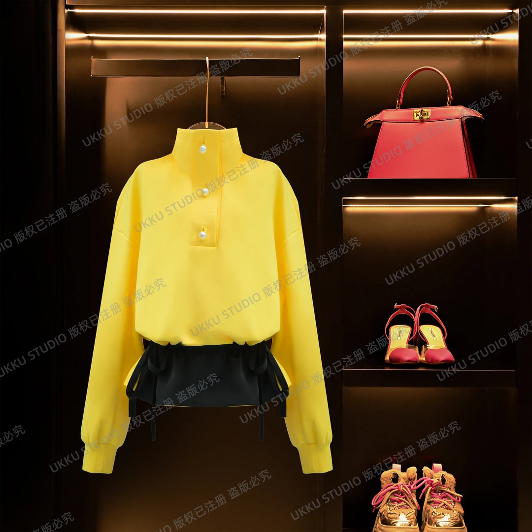 丹44【UKKUSTUDIO】早秋新款设计感不规则连帽拼接抽绳卫衣312551