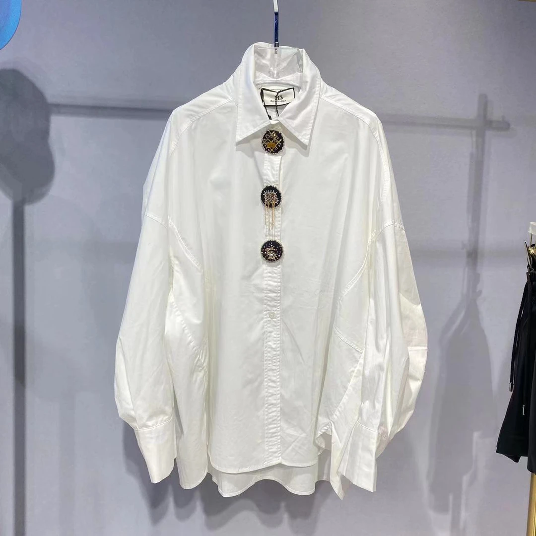 一诺【BASSIRIANA】秋新款潮重工钉珠棉百搭宽松时尚衬衫女2210239