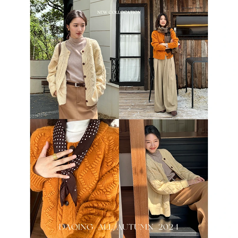 许大晴【温冬】韩系宽松圆领绞花保暖加厚毛衣外套D4A86