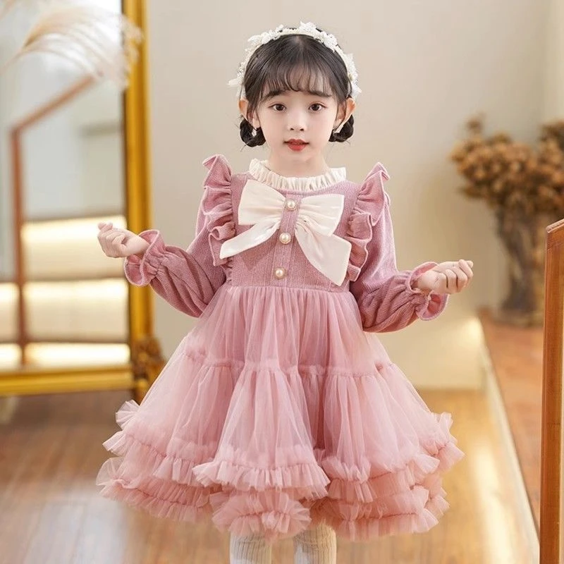 女童春秋公主裙粉色新款韩版女宝超仙蓬蓬裙子儿童生日礼服连衣裙