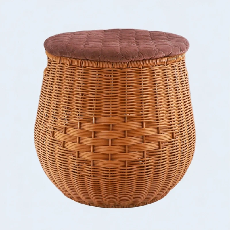 收纳筐坐凳玩具衣服置大号圆形手工仿藤编储物凳子客厅家用换鞋凳