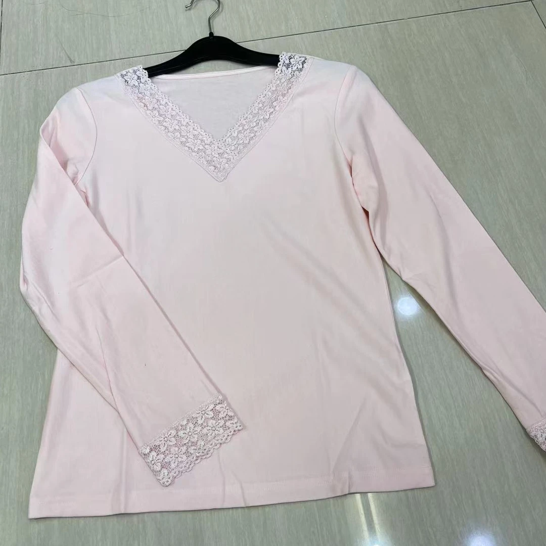 Y050 净白白蚕丝拉绒蕾丝V领长袖保暖上衣修身内搭打底衫