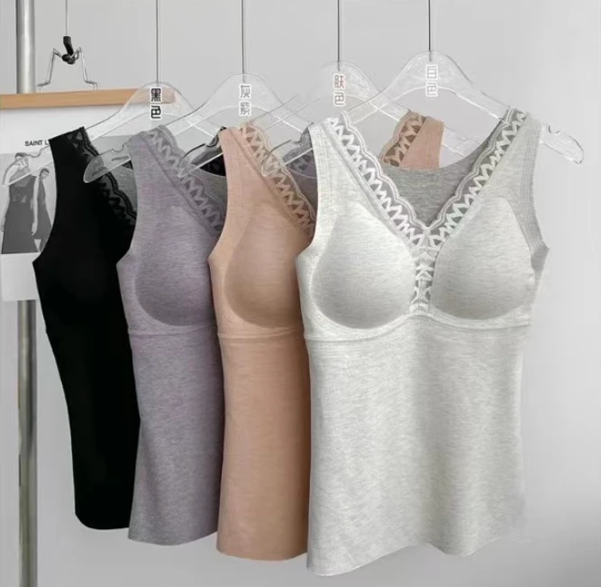 861 秋冬新款无痕蕾丝V领打底背心