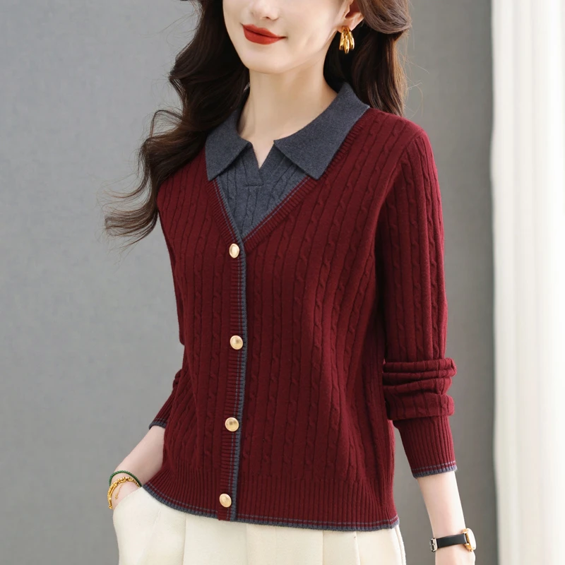 安可拉红毛衣女针织衫假两件上衣时尚洋气打底羊毛衫妈妈针织内搭