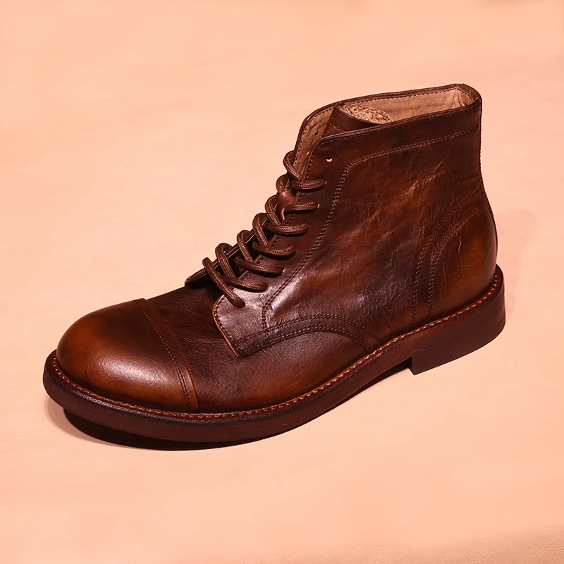 【原创手工】缝线马丁靴短靴复古真皮高帮靴子男做旧水洗高帮男靴