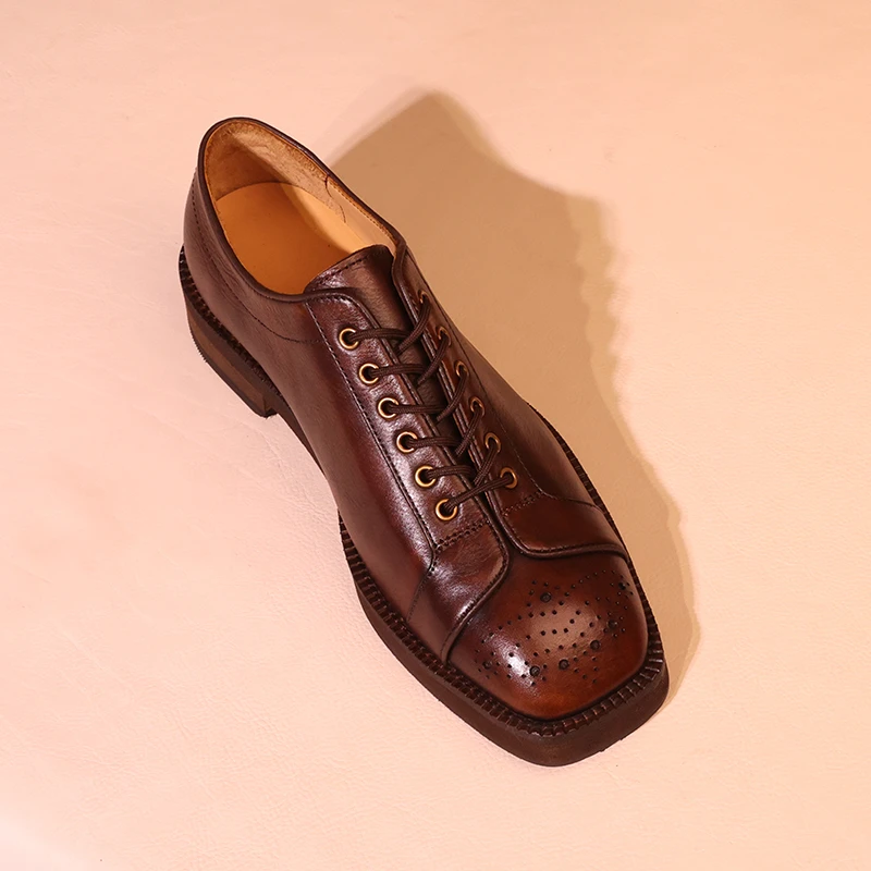 【原创手工】皮鞋男雕花休闲真皮复古商务英伦风方头男鞋子潮男式