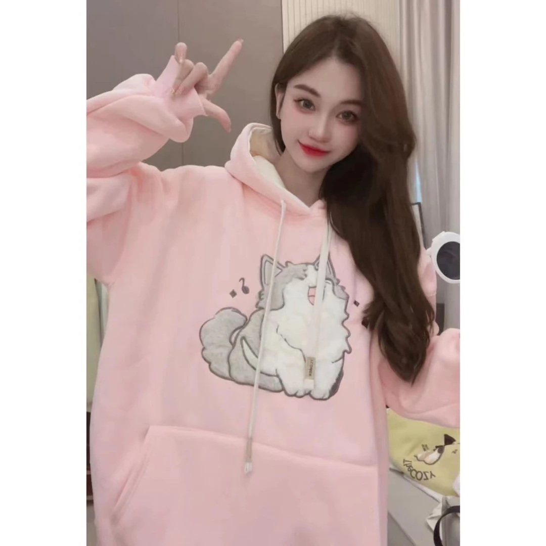 【慵懒猫咪】加厚羊羔绒卫衣冬季百搭韩版连帽刺绣卫衣潮SF6075