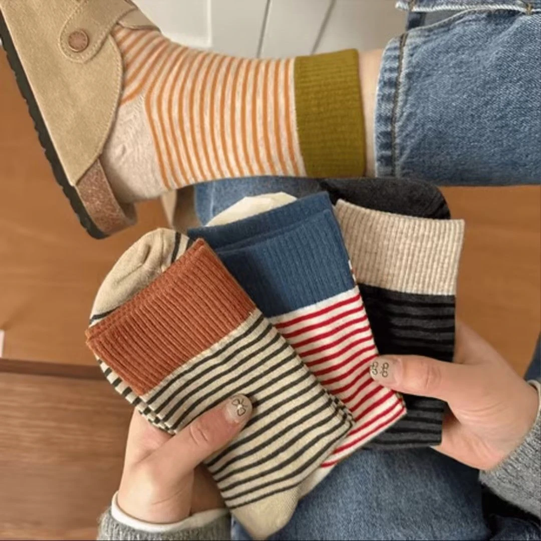 【新人福利4双】摩登条纹袜”秋冬袜子女秋冬韩版保暖罗口条纹袜女袜