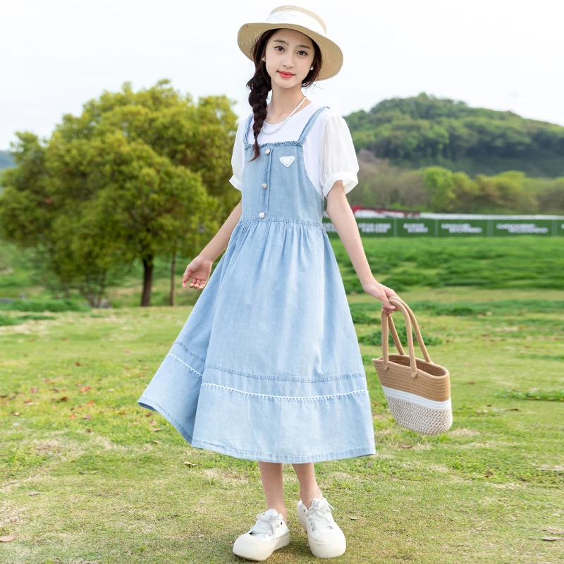 女童牛仔裙2025新款夏装中大童洋气假两件拼接夏季裙子女孩连衣裙