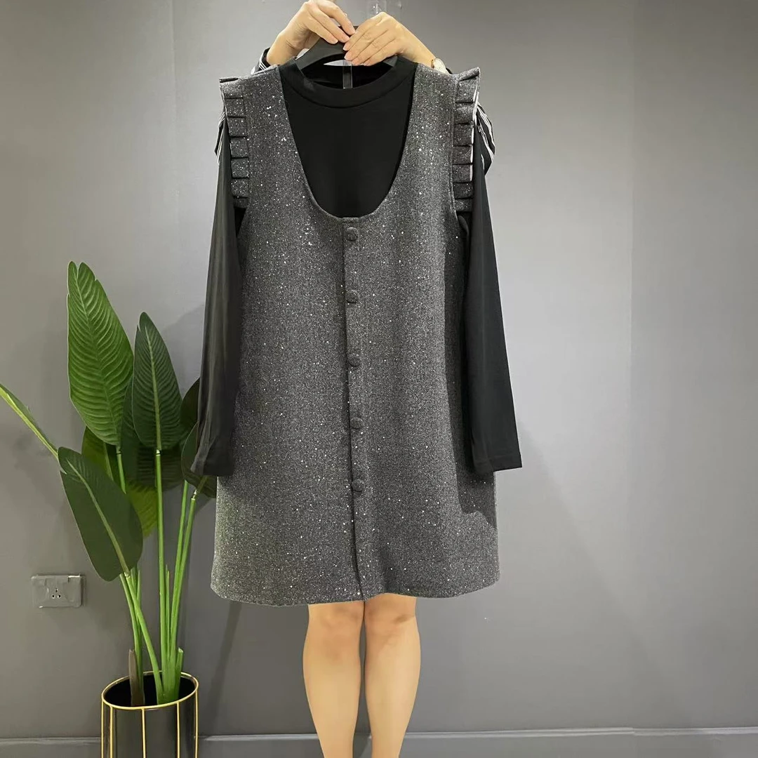 大码星空菲边遮肉连衣裙打底衫两件套