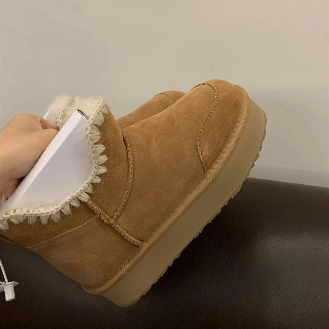 【厚底毛线v口】真皮毛一体保暖时尚短筒秋冬雪地靴短筒雪地靴