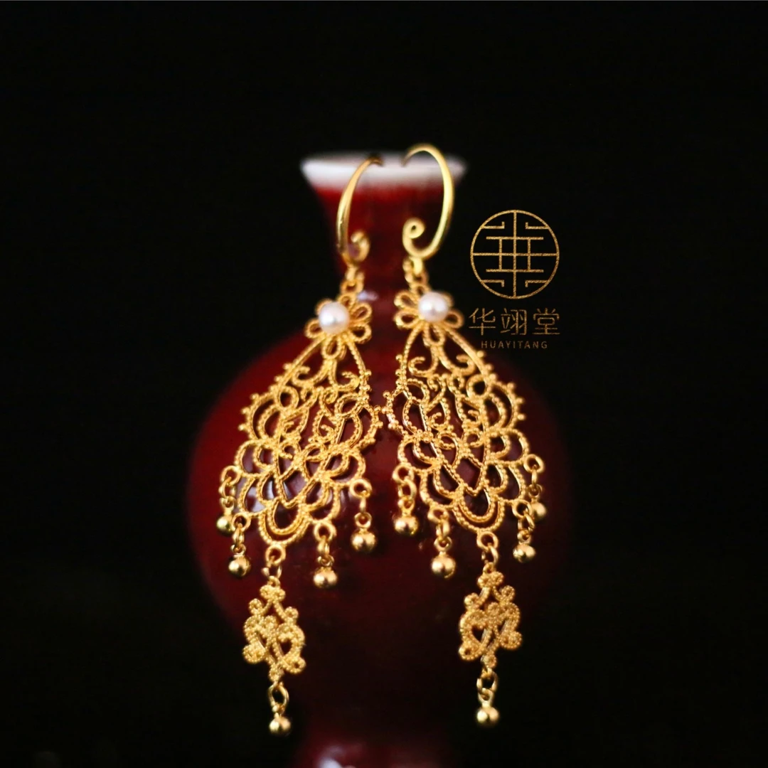 铜合金耳饰 华翊堂原创设计镀金仿花丝镂空耳饰可改耳夹《问君》