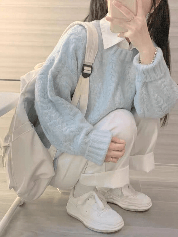 2023新款加厚高级感内搭套头针织上衣奶蓝色慵懒风麻花毛衣女秋冬