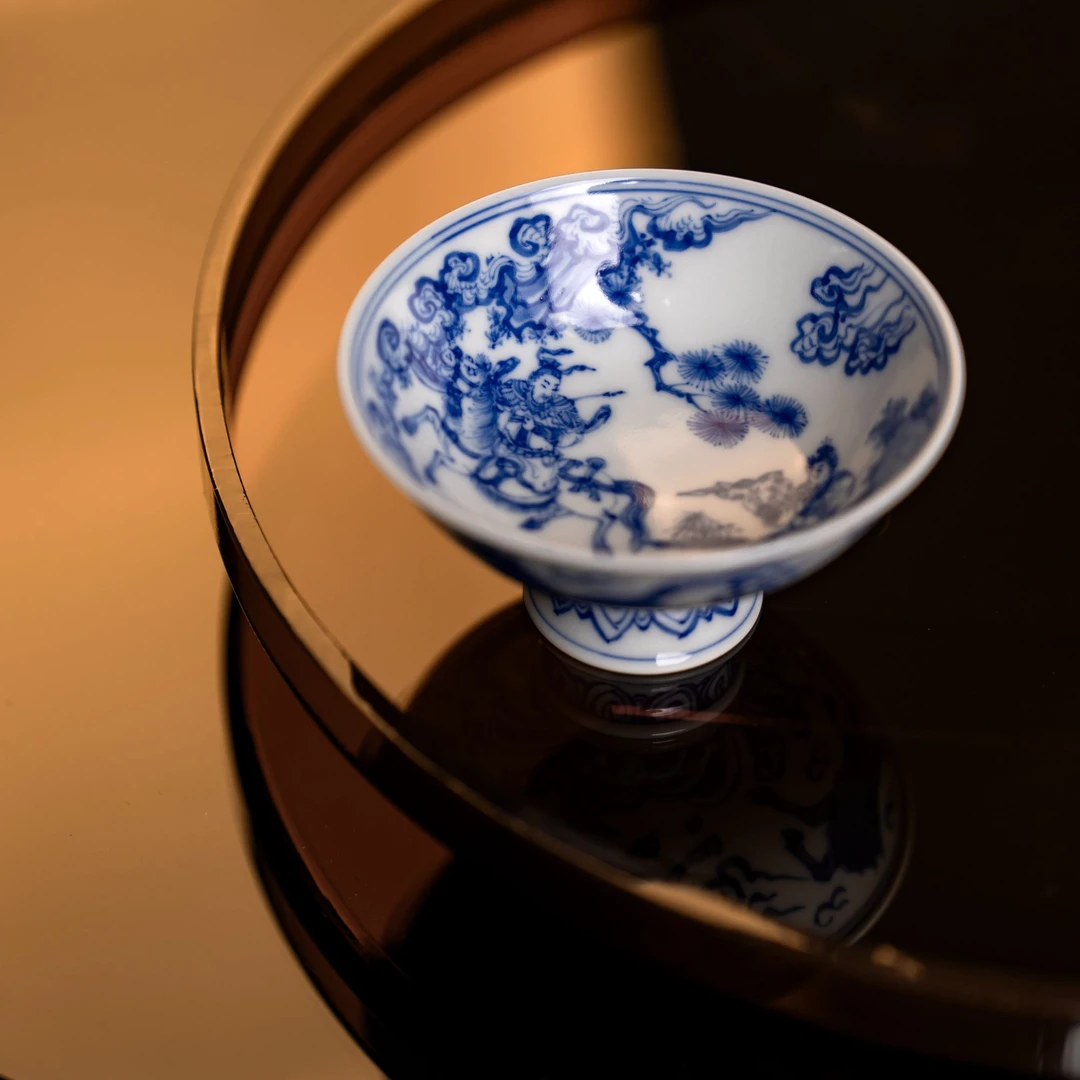 且斋格古青花曹操赠袍高足杯 景德镇 手工 手绘茶具