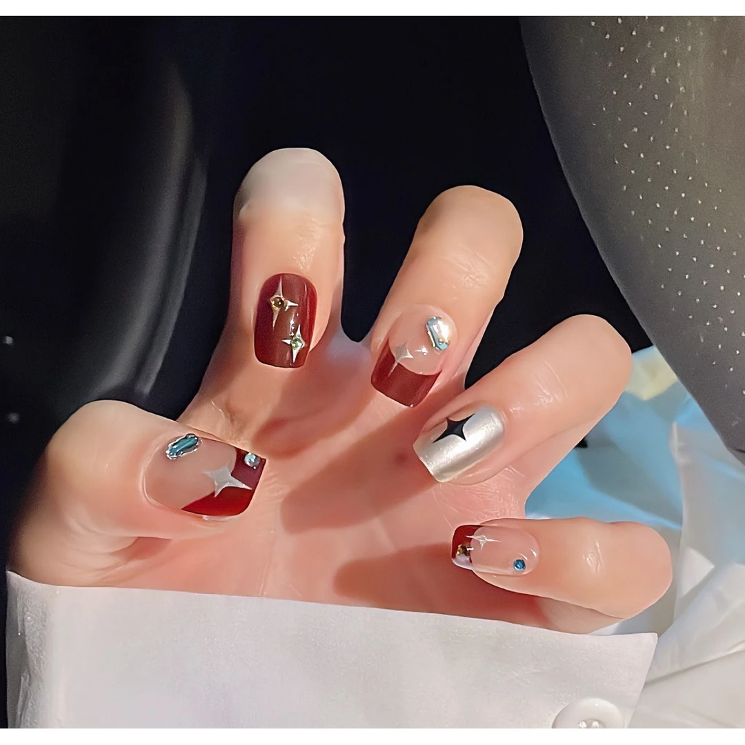 【短方】七彩繁星 秋冬棕色法式穿戴甲美甲贴片可拆卸24片