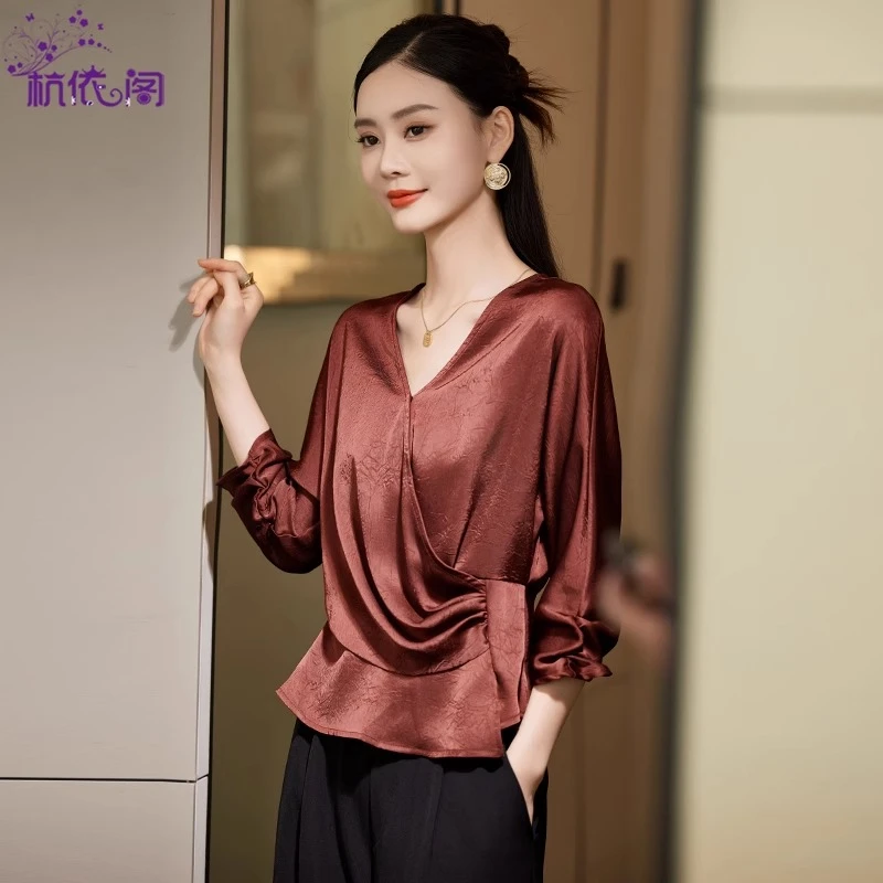 2025早秋新款衬衫女装v领七分袖高级感时尚洋气别致漂亮小衫上衣