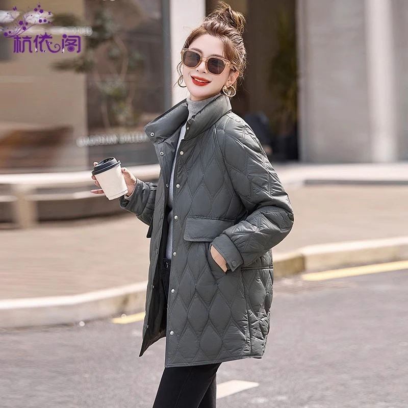 棉衣女冬中长款2025新款小个子菱格夹棉外套轻薄羽绒棉服保暖棉袄