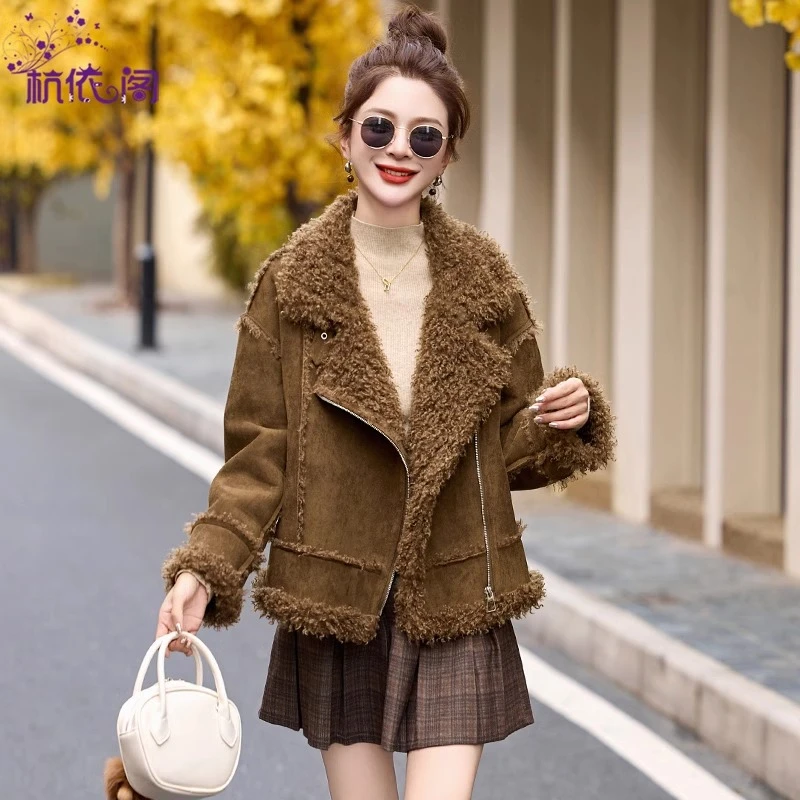 皮毛一体毛毛加厚外套女冬2025新款洋气短款防鹿皮绒机车夹克上衣