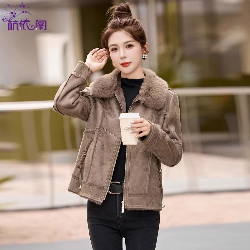 皮毛一体加绒加厚外套女冬季2025新款洋气短款仿鹿皮绒羊羔绒上衣