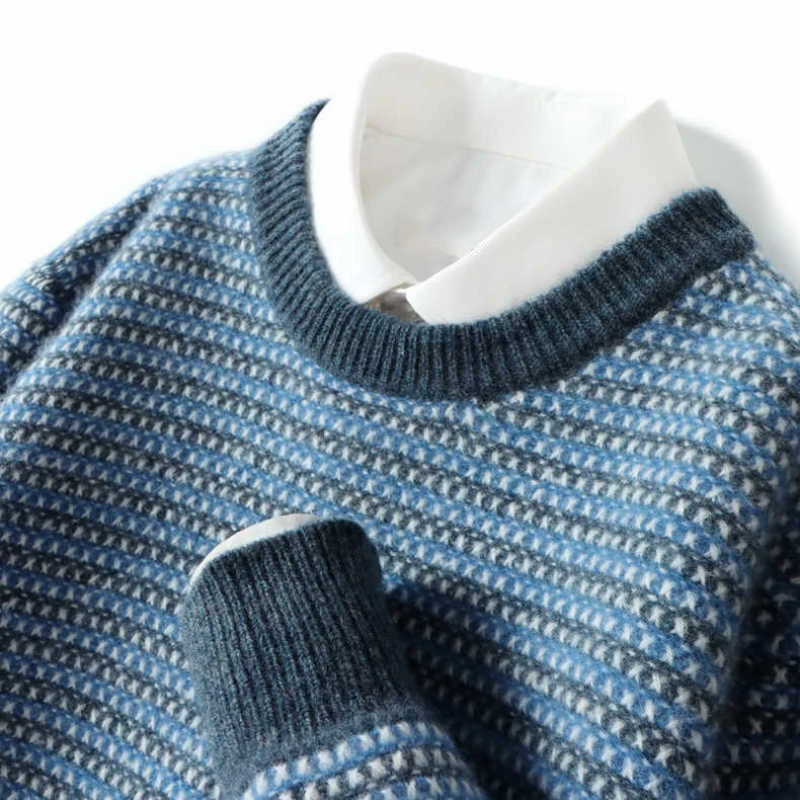 秋冬款羊绒衫男圆领加厚拼色套头打底毛衣宽松休闲时尚针织羊绒衫