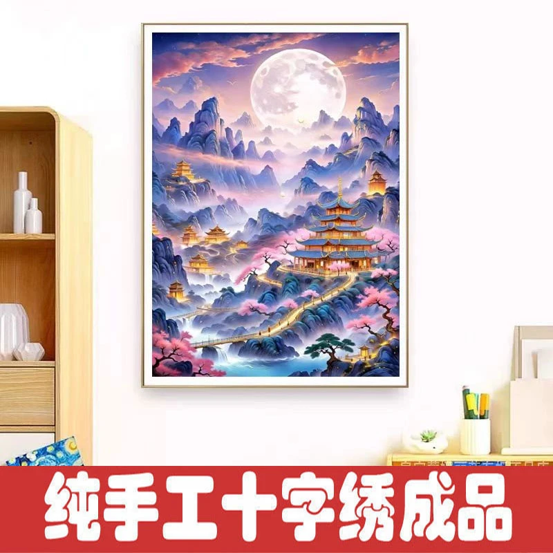 绣好的纯手工十字绣成品古沧月古风阁楼玄关小件装饰画不带框F171