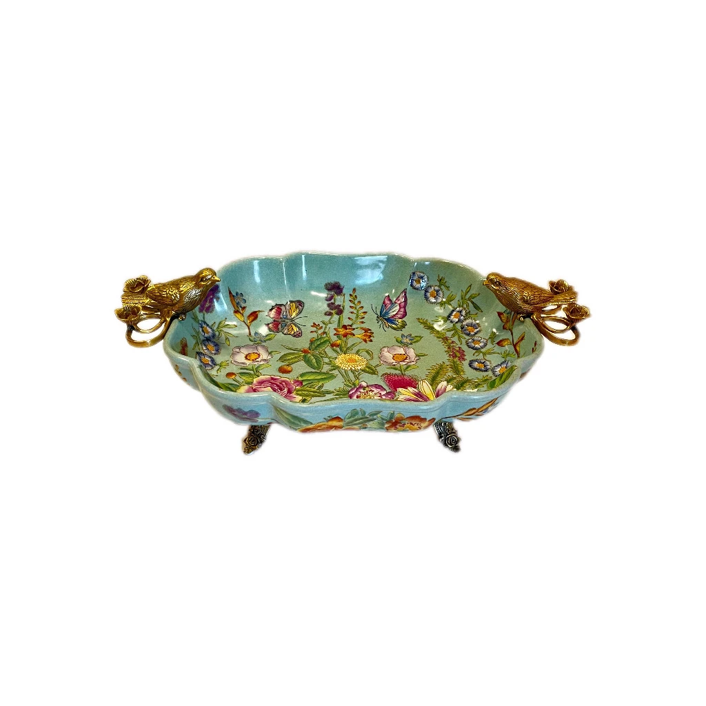 锦年系列双鸟手绘浮雕果盘