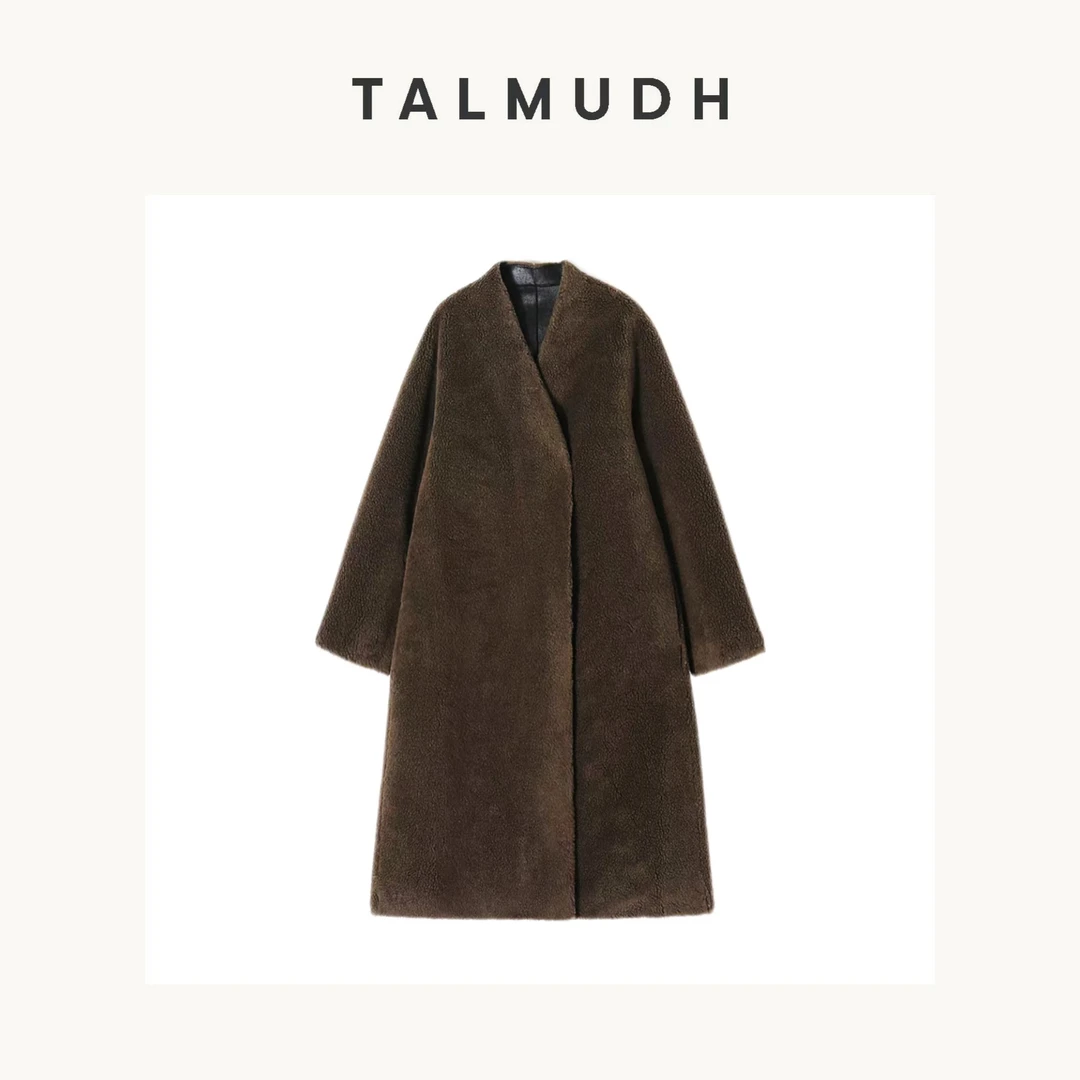 T/A 慵懒摩登 皮毛一体气质宽松秋冬无领长款后开叉大衣外套0165