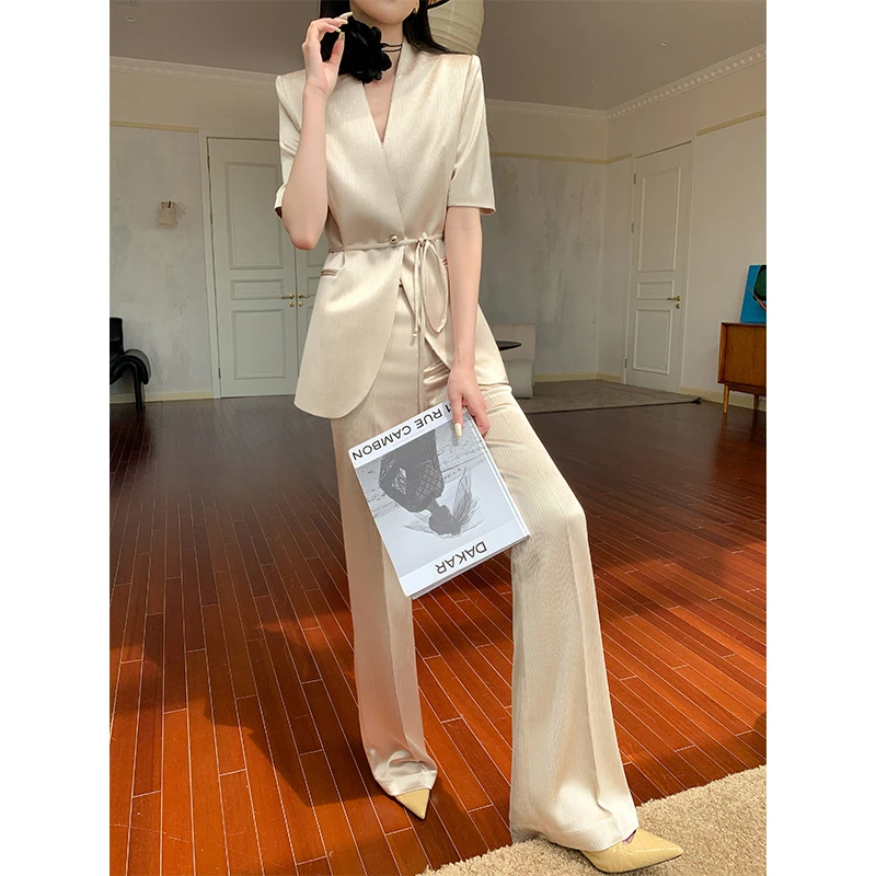 【高端】香槟色无领西装套装通勤女装夏季薄款2025新款职业轻奢西服
