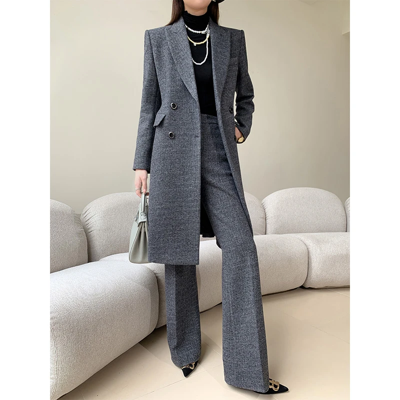 【轻奢】高级感毛呢西装套装女冬厚长款大衣职业气质休闲羊毛西服外