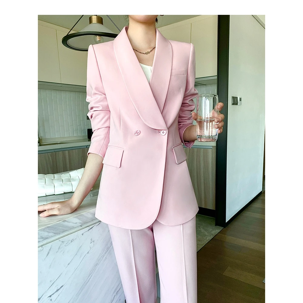【轻奢】粉色西服套装女时尚高端职业英伦风微喇叭休闲西装套装
