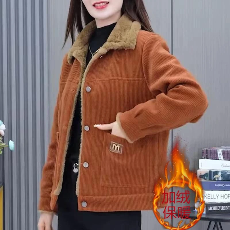 皮尔卡丹中年妈妈装秋冬加绒加厚棉服中老年女装新款保暖灯芯绒小