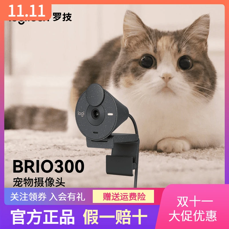 罗技Brio300全高清1080P宠物摄像头狗狗小猫咪监控摄像头实时记录