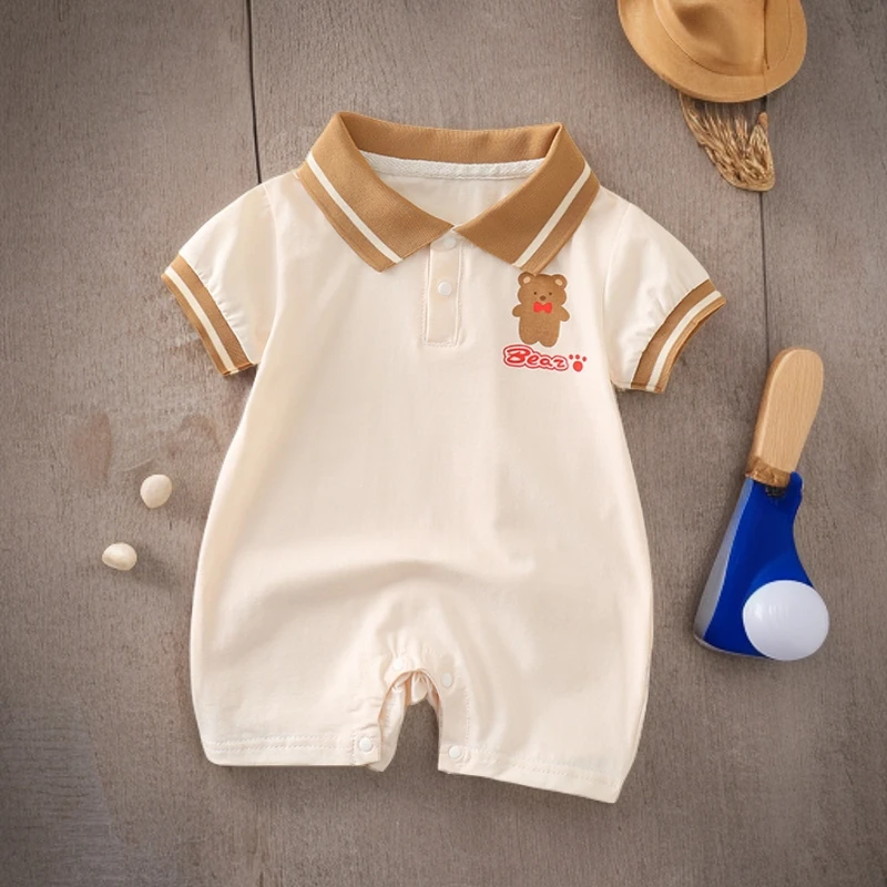 夏季新款男女宝宝爬服婴儿韩版卡通翻领时尚薄款小熊外出哈衣洋气