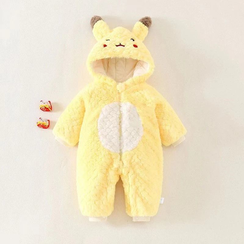 新生婴儿冬季加绒可爱卡通衣服男女宝宝皮卡丘加厚外出爬服连体衣