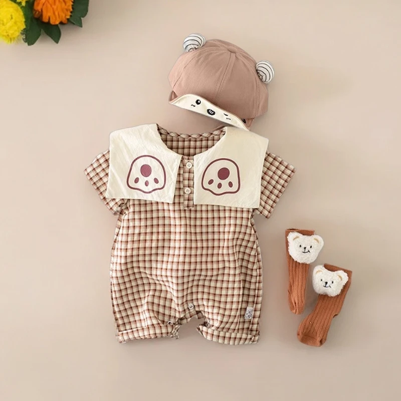 男女宝宝纯棉哈衣爬服婴幼儿翻领连体衣夏季薄款小熊格子婴童哈衣